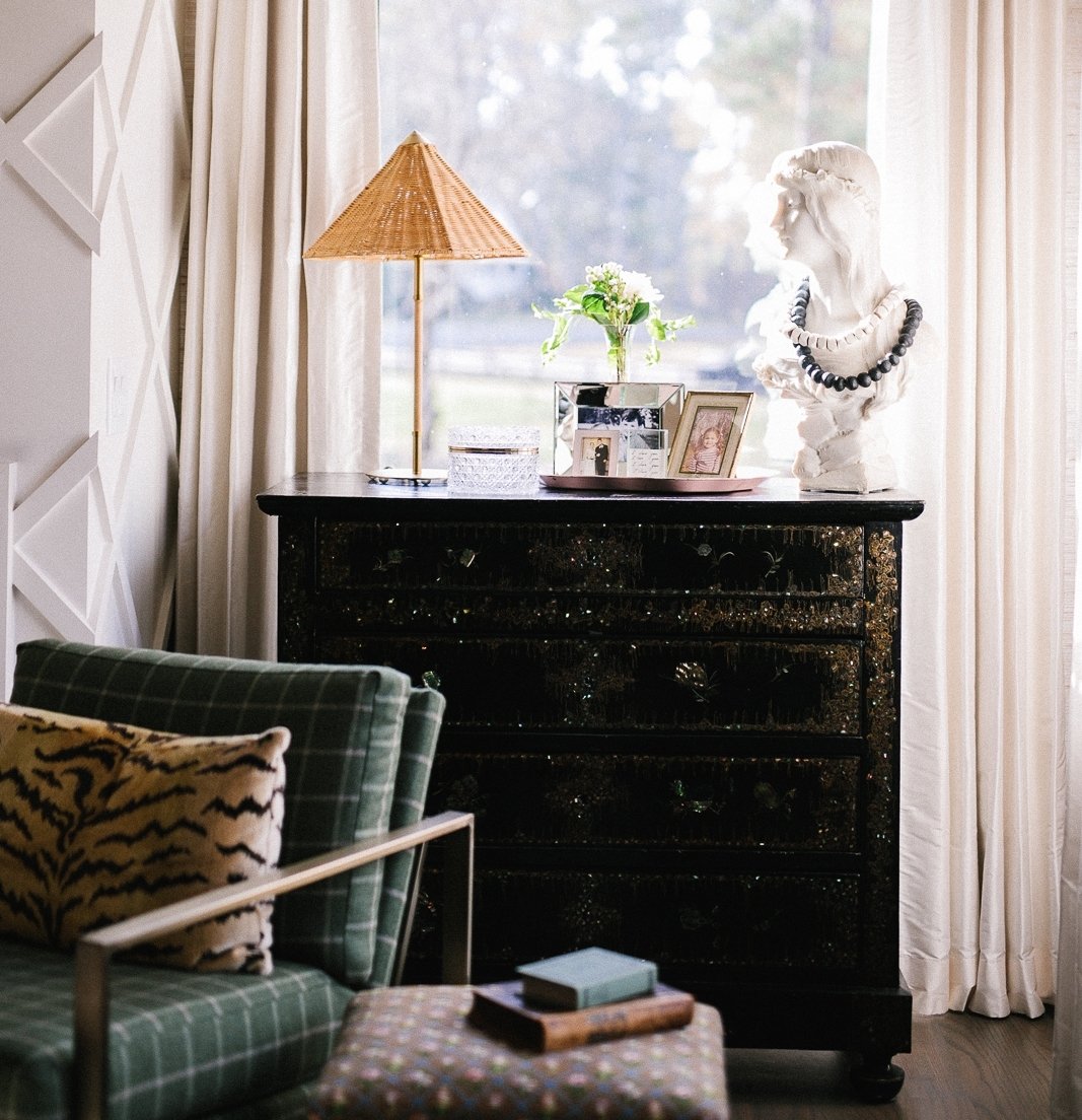 I love a mix - of highs and lows, new and old.  @Target lamp and a hand carved alabaster bust from the 1800s, a reupholstered @WestElm chair and a @scalamandre Tigre pillow, a black lacquer chest with inlay mother of pearl and simple white silk drape