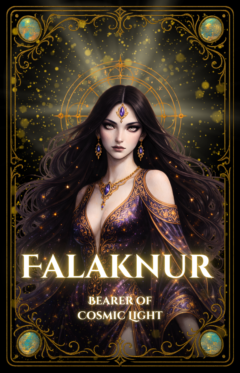 Falaknur Azhara from Sapphire Sands fantasy world, cosmic oracle figure in The Song of Sapphire Sands, celestial feminine presence with radiant aura