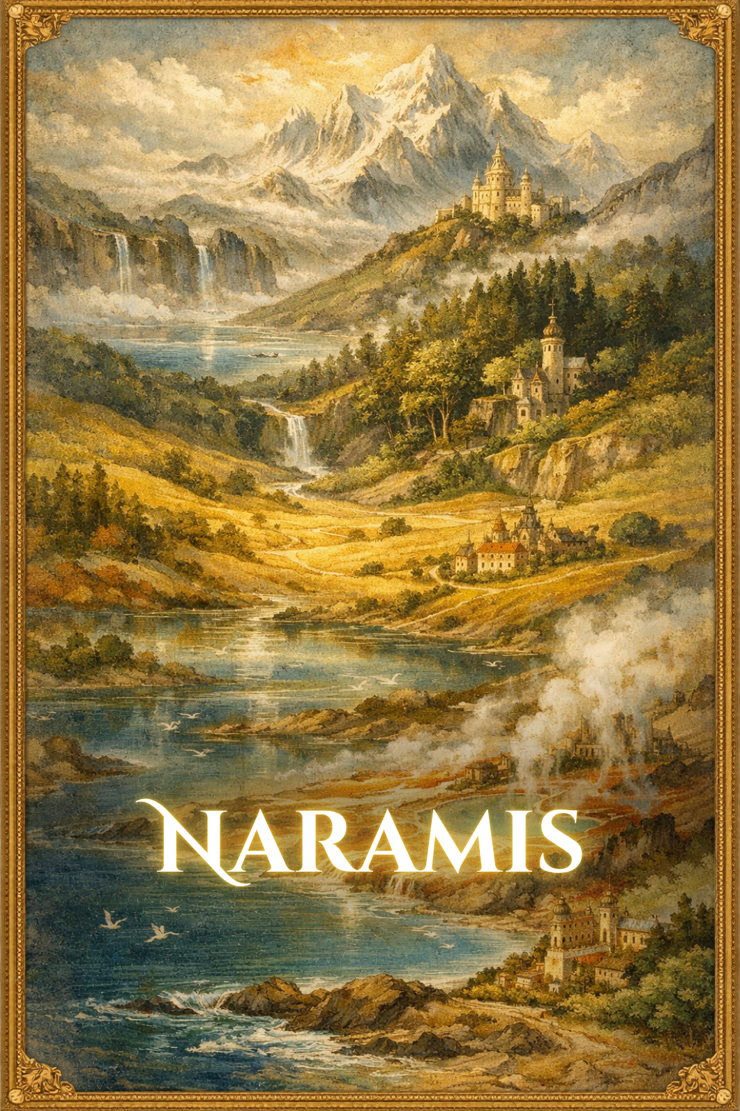 Kingdom of Naramis in The Song of Sapphire Sands, a vast land of seven terrains including forests, mountains, wetlands, and coastlines unified under a grand royal landscape
