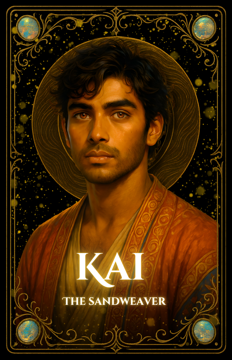 Kai the Sandsweaver from Sapphire Sands fantasy world, main character in The Song of Sapphire Sands, glowing amber eyes with sand aura