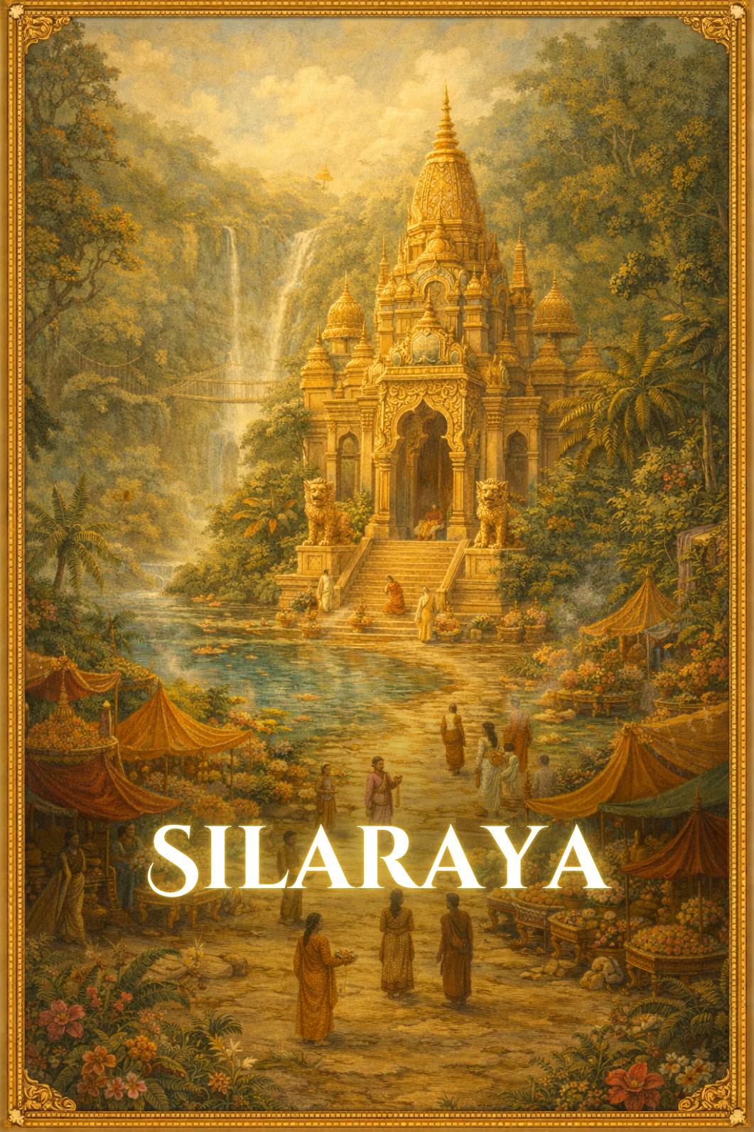 Tropical kingdom of Silaraya in The Song of Sapphire Sands, filled with dense jungle, towering trees, misty air, and hidden ritual spaces immersed in deep green vegetation