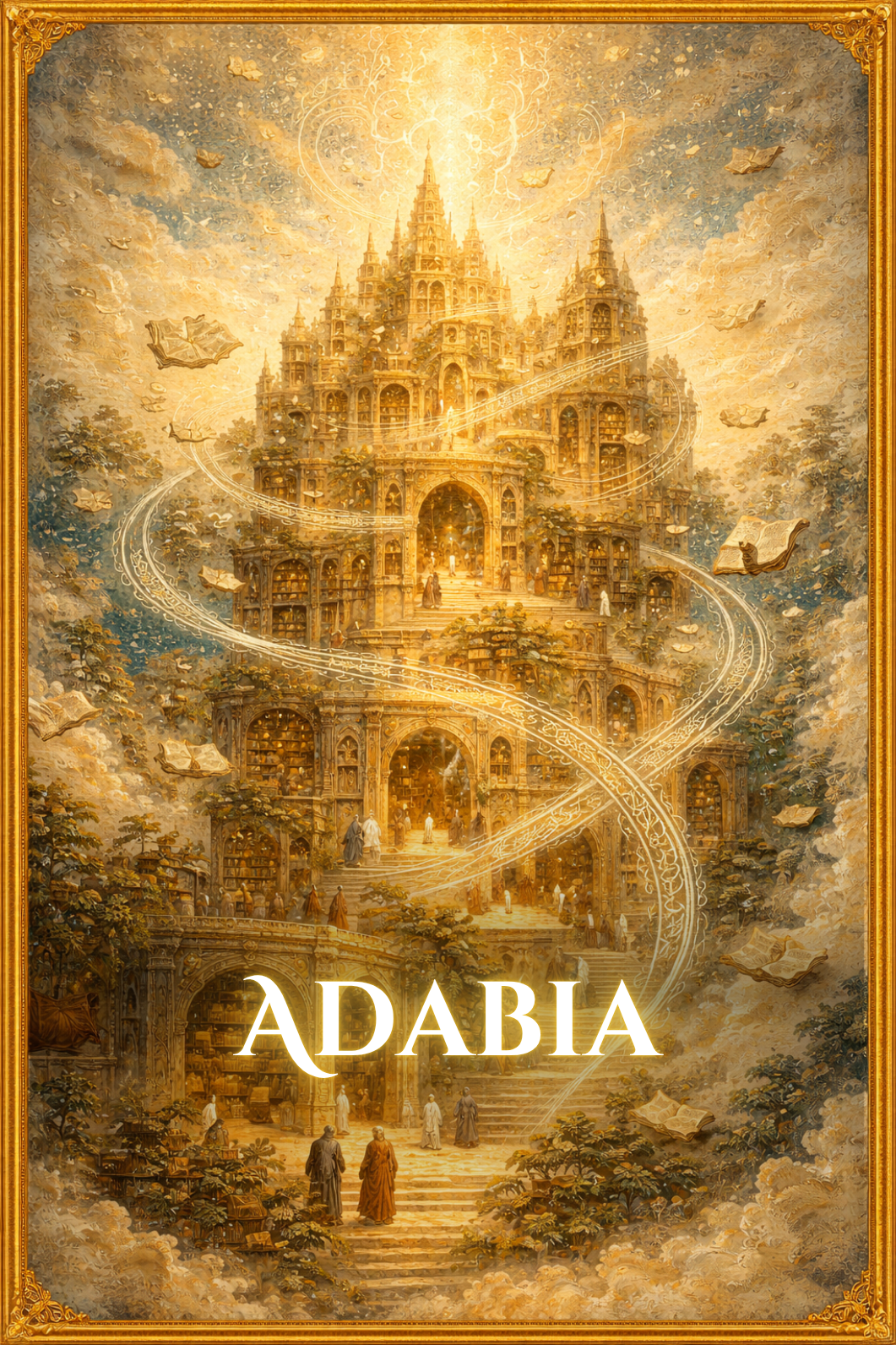 Library kingdom of Adabia in The Song of Sapphire Sands, featuring floating scrolls, layered archives, calligraphic structures, and a world built from knowledge and written memory