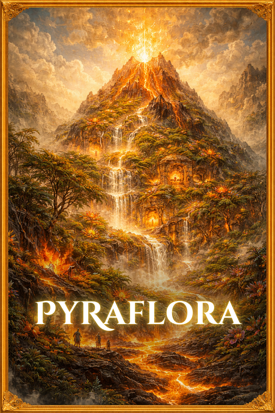 Volcanic kingdom of Pyraflora in The Song of Sapphire Sands, where flowing lava meets lush vegetation, glowing embers, and vibrant plant life shaped by fire and renewal