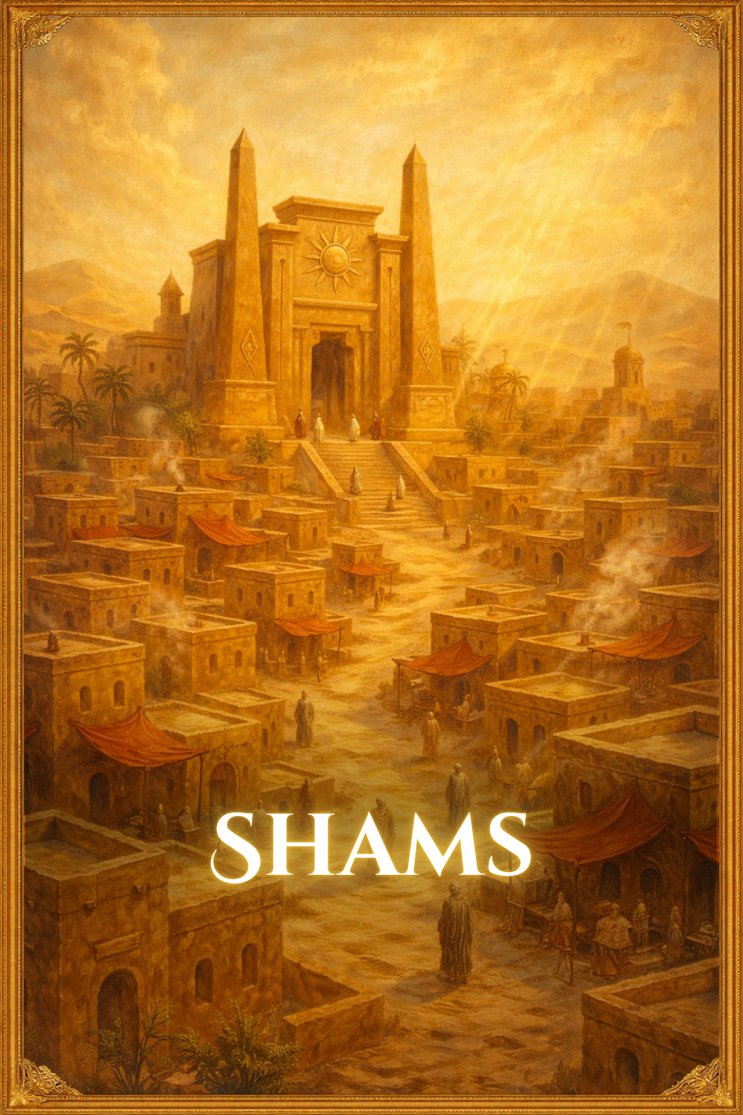 Golden desert city of Shams in The Song of Sapphire Sands, featuring sunlit sandstone architecture, flowing dunes, and a ceremonial courtyard at the heart of the capital kingdom