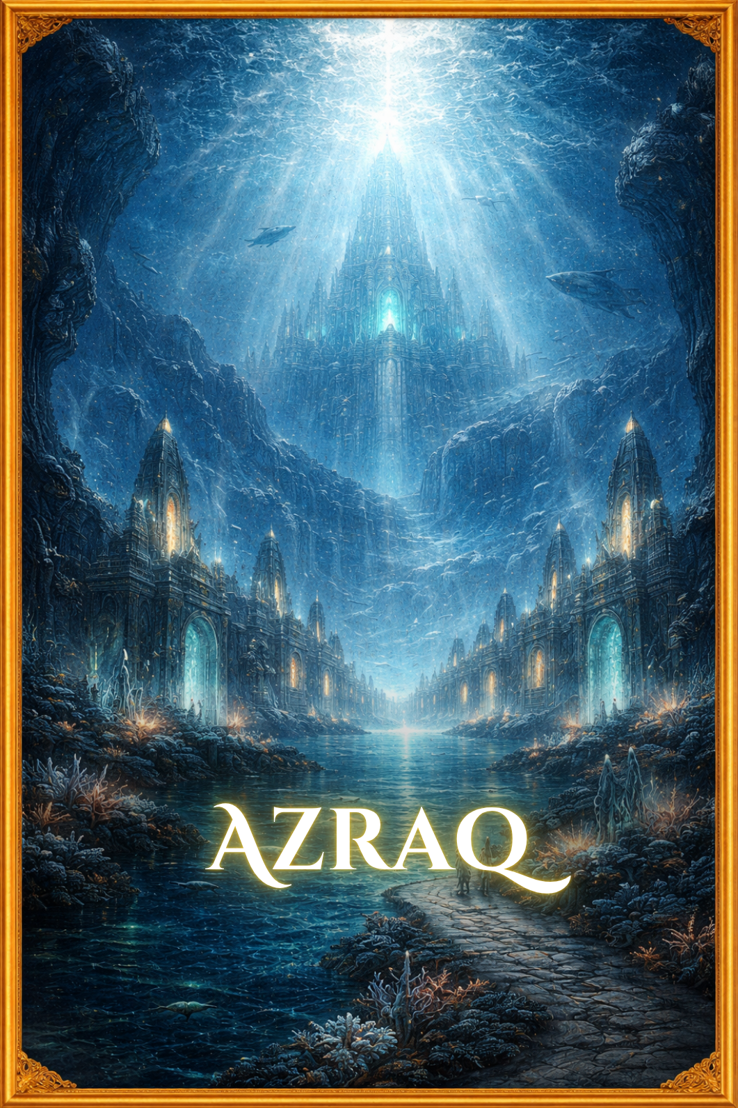Oceanic realm of Azraq in The Song of Sapphire Sands, with deep blue waters, vast horizons, and a powerful sense of depth, silence, and endless sea