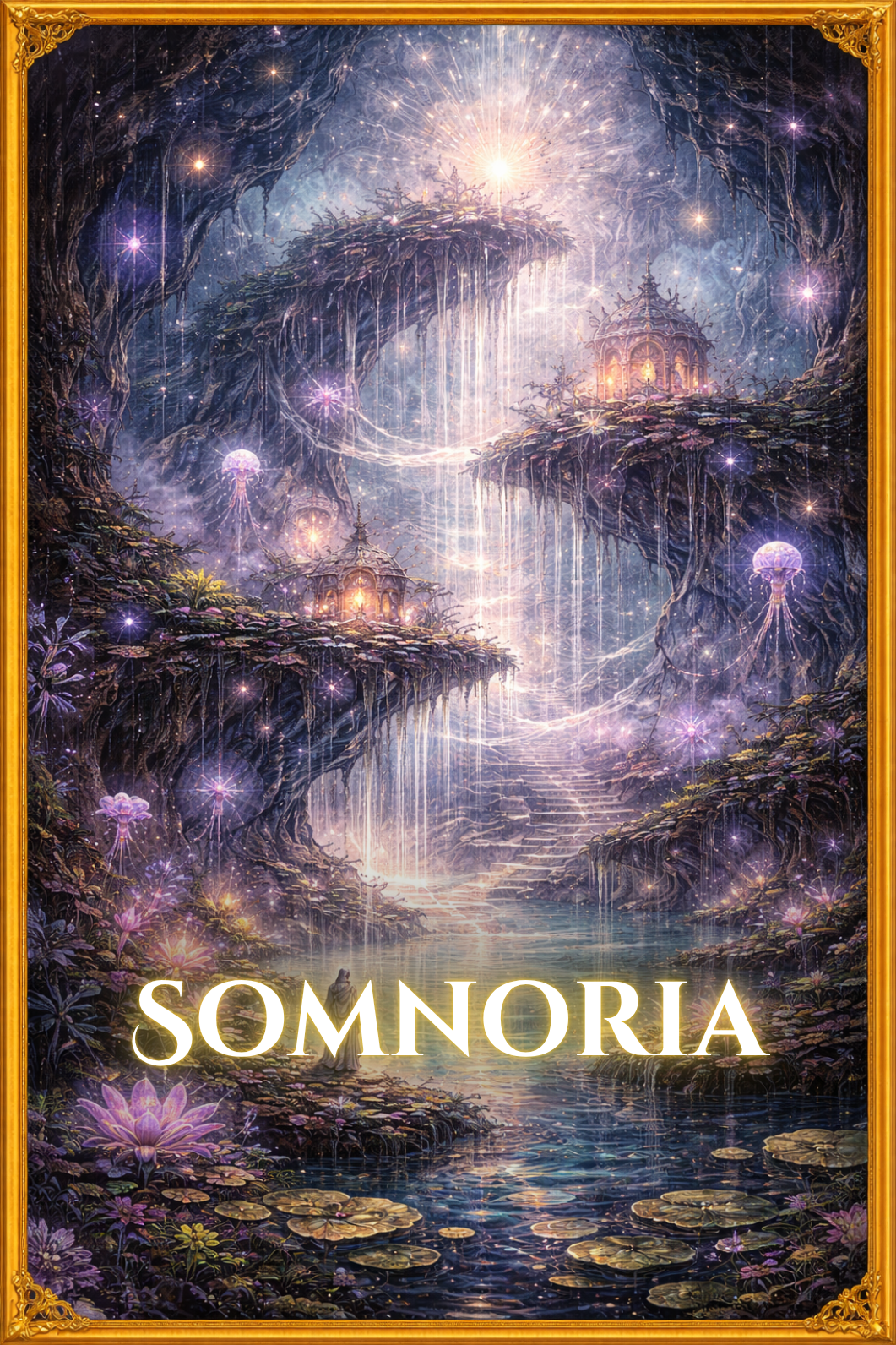 Dreamlike realm of Somnoria in The Song of Sapphire Sands, with bioluminescent caves, glowing waters, and surreal landscapes that blur the line between reality and imagination