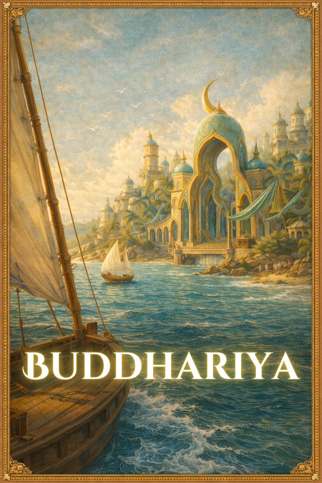 Coastal kingdom of Buddhariya in The Song of Sapphire Sands, with turquoise waters, wind chimes hanging from palm trees, wooden boats, and seaside temples shaped by ocean winds