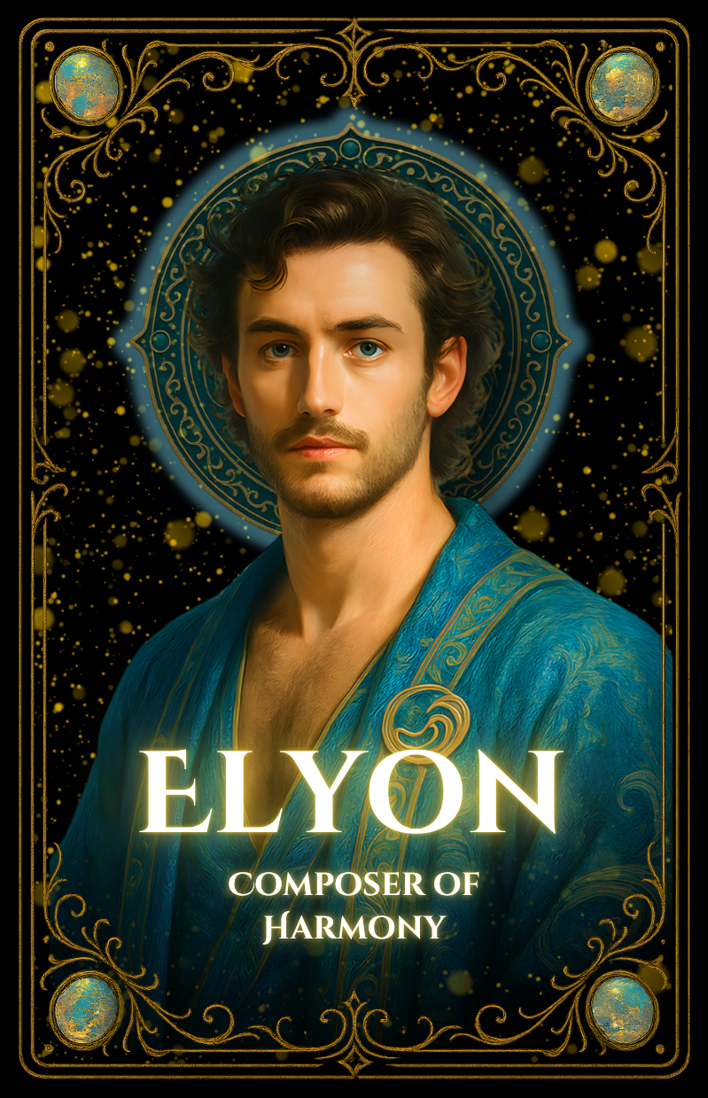 Elyon Naramis from Sapphire Sands fantasy world, composer character in The Song of Sapphire Sands, elegant figure with musical presence