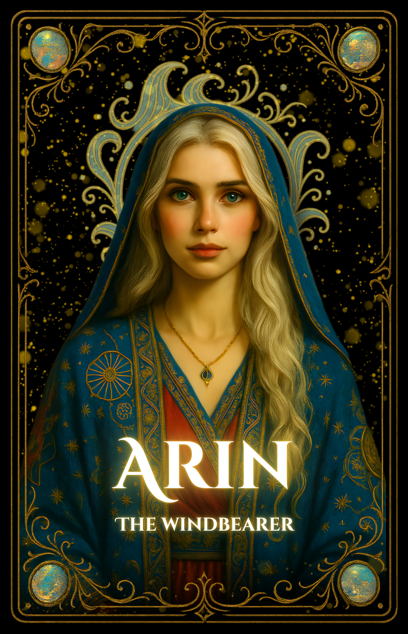 Arin of Buddhariya from Sapphire Sands fantasy world, coastal warrior character in The Song of Sapphire Sands, wind and ocean inspired design