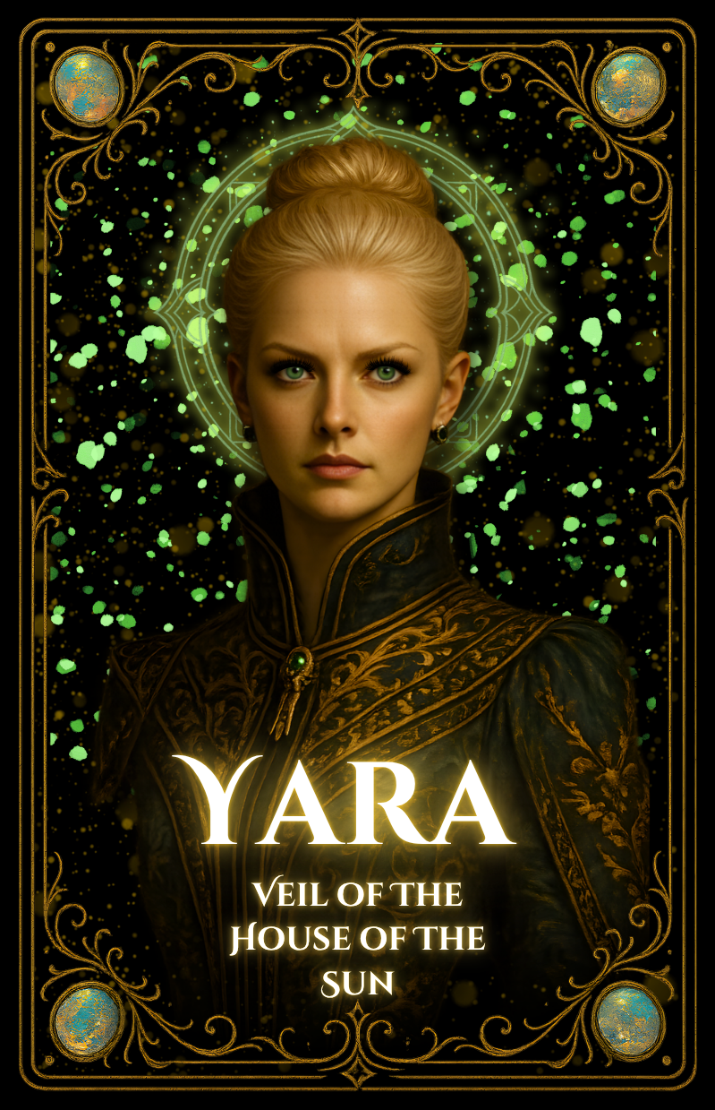 Yara the Veil of the House of the Sun from Sapphire Sands fantasy world, enigmatic female figure in The Song of Sapphire Sands with refined ceremonial presence