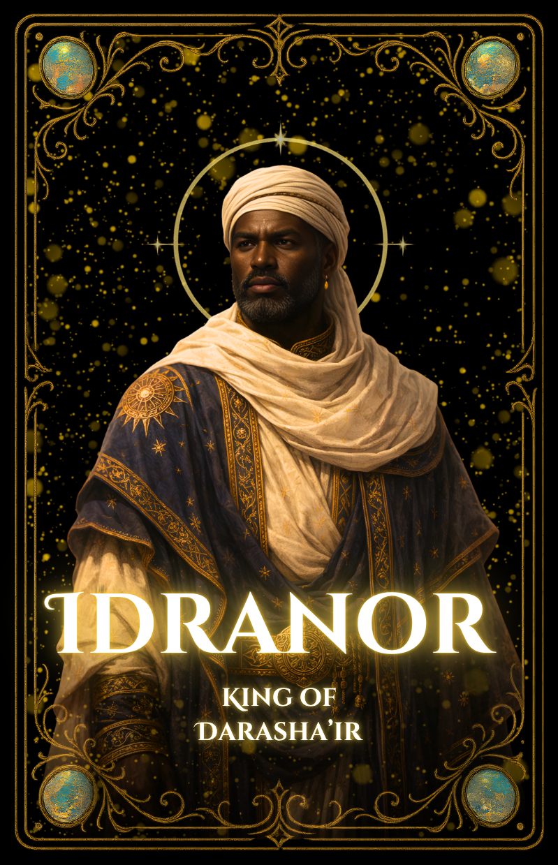 King Idranor ruler of Darasha’ir from Sapphire Sands fantasy world, divine king figure in The Song of Sapphire Sands with gold adornment