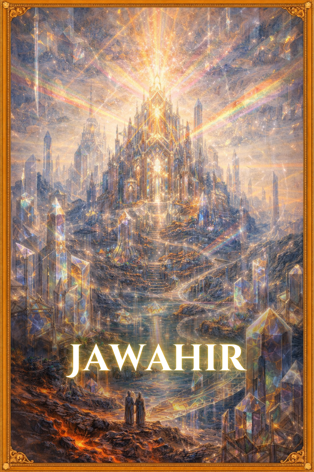 Realm of Jawahir in The Song of Sapphire Sands, featuring crystalline structures, refracted light, shimmering surfaces, and a landscape formed from gemstones and optical illusions