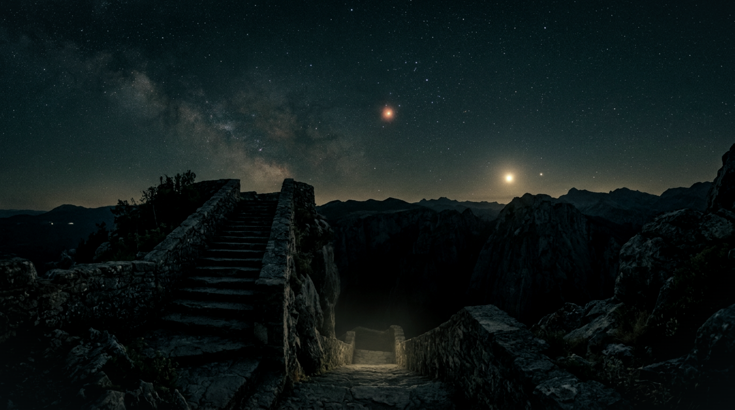 image of old ruins with the stars above and venus and mercury in the sky
