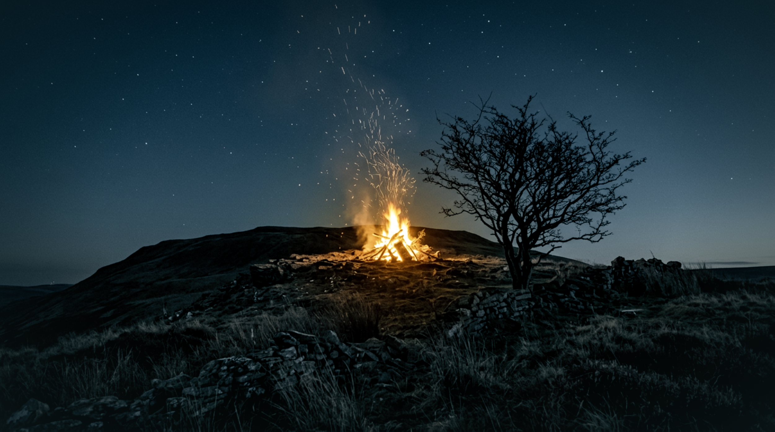 image of a bonfire on a mound with a care tree in front of it