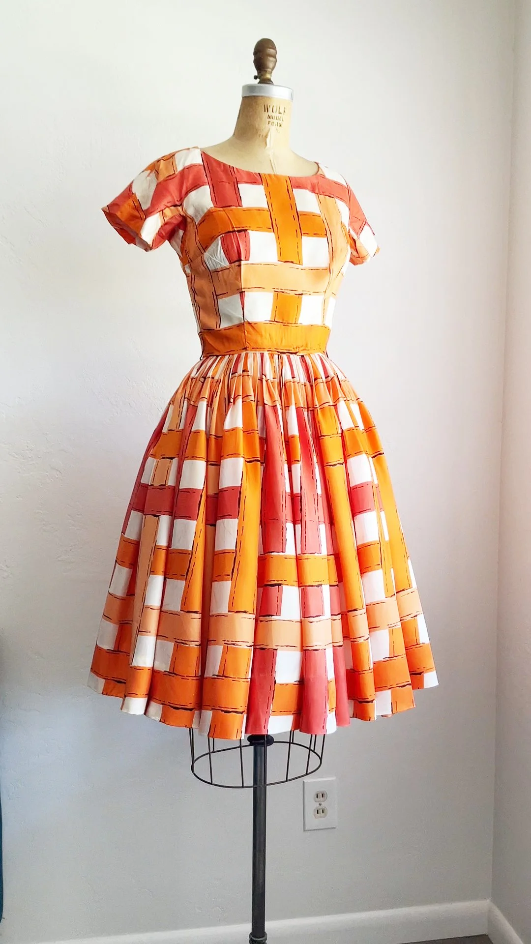 Orange Basketweave Print Vintage 1950s Fit & Flare Dress