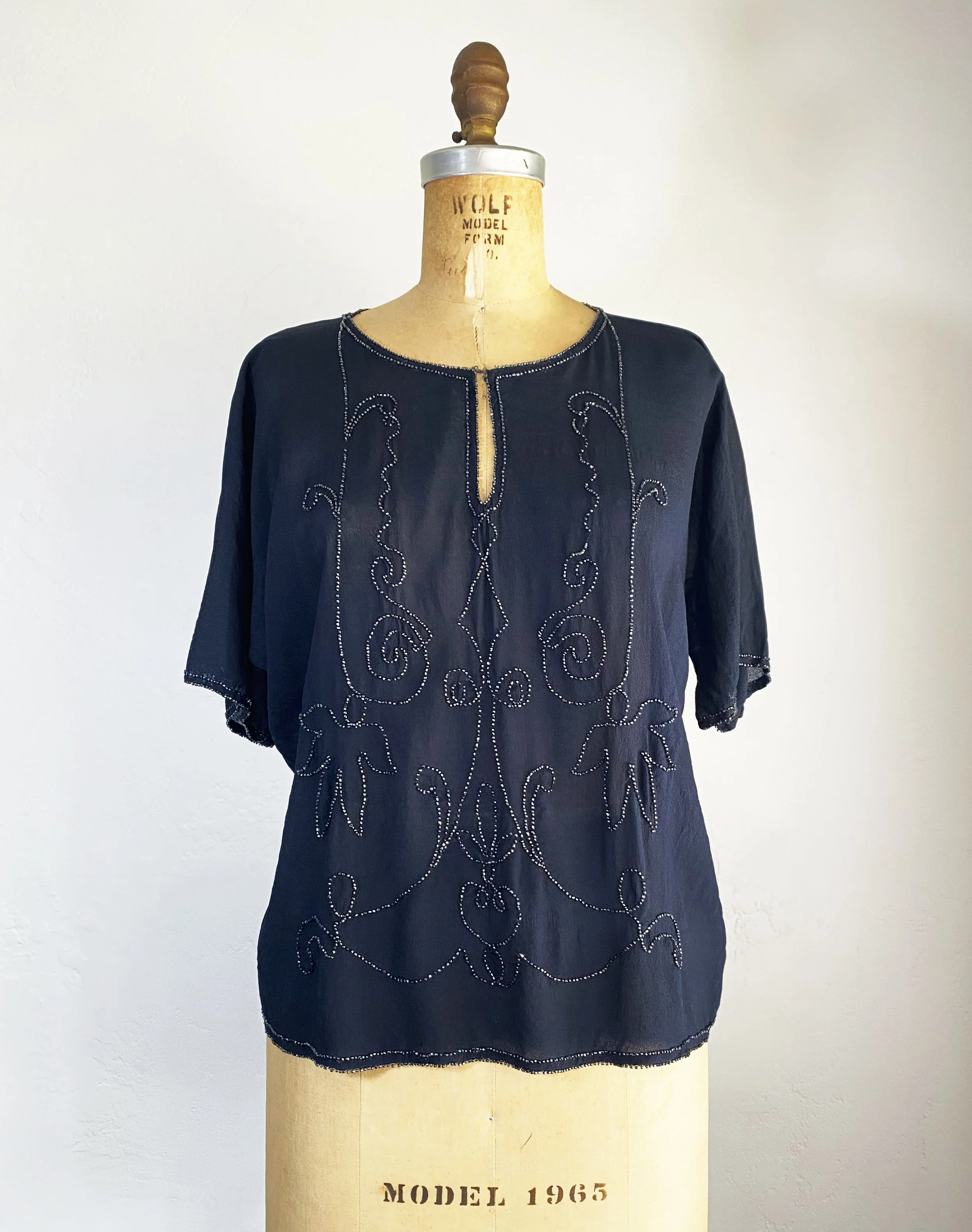 Antique 1920s Black Silk Glass Beaded Blouse