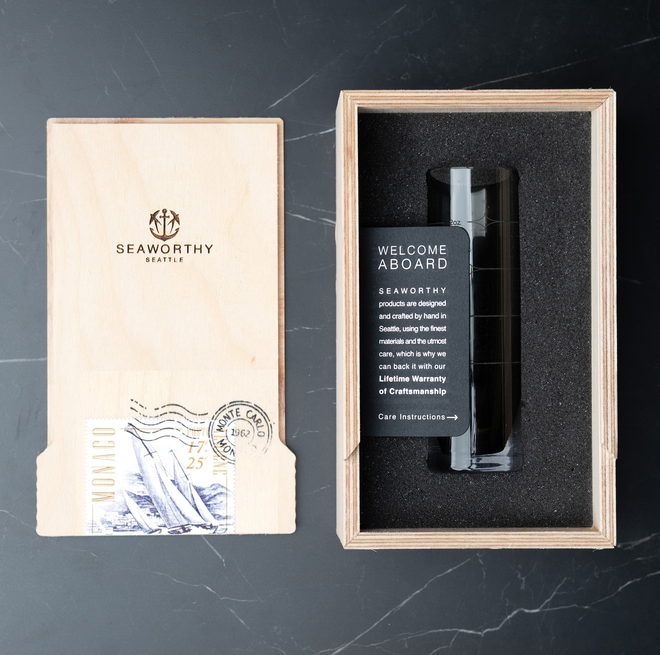 Hand-blown glass jigger in gift box