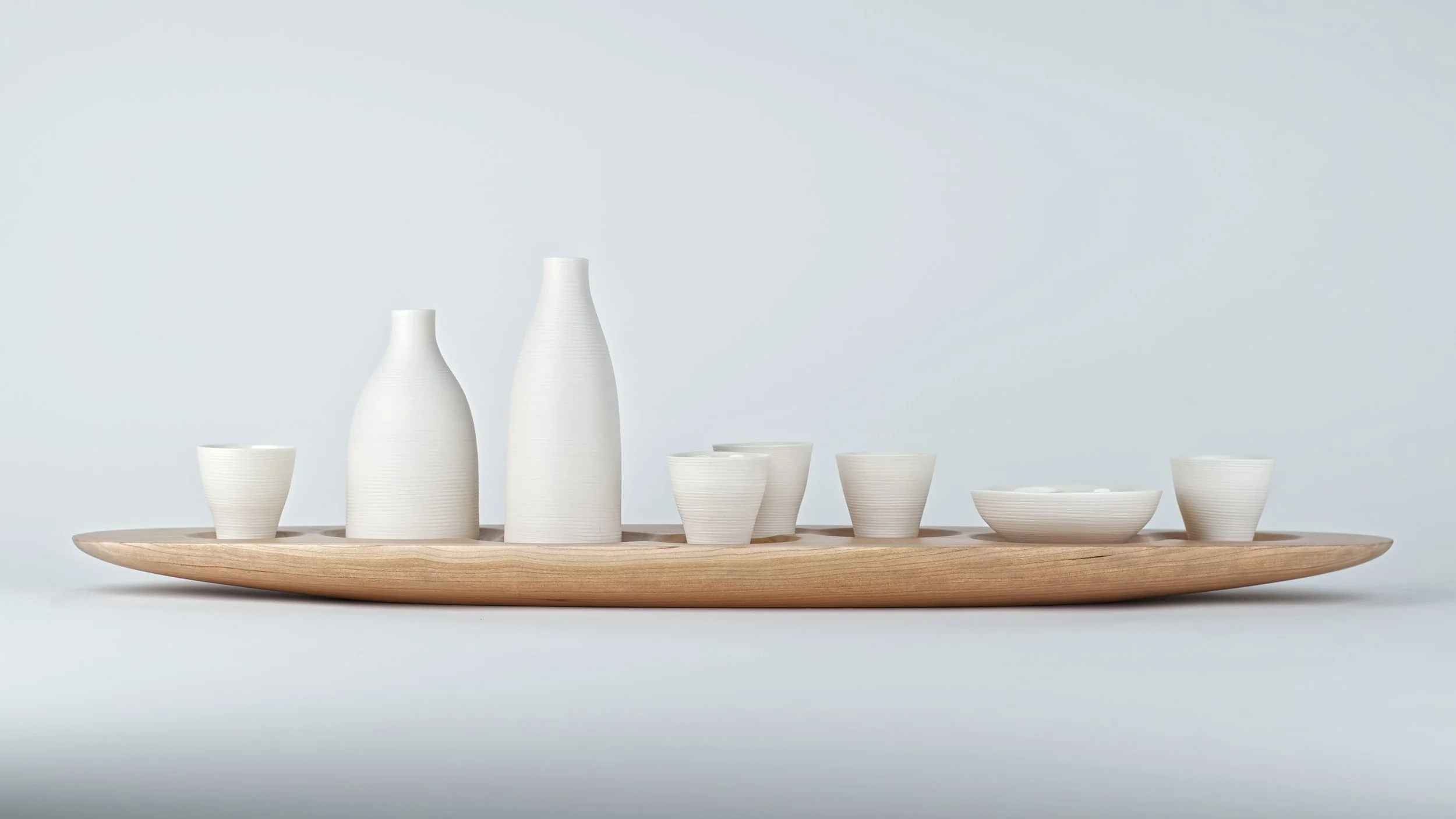 Porcelain Sake Set on Cherrywood Base