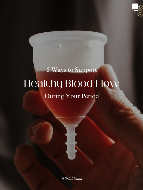 Hand holding a menstrual cup filled with red liquid, promoting healthy blood flow during menstruation.