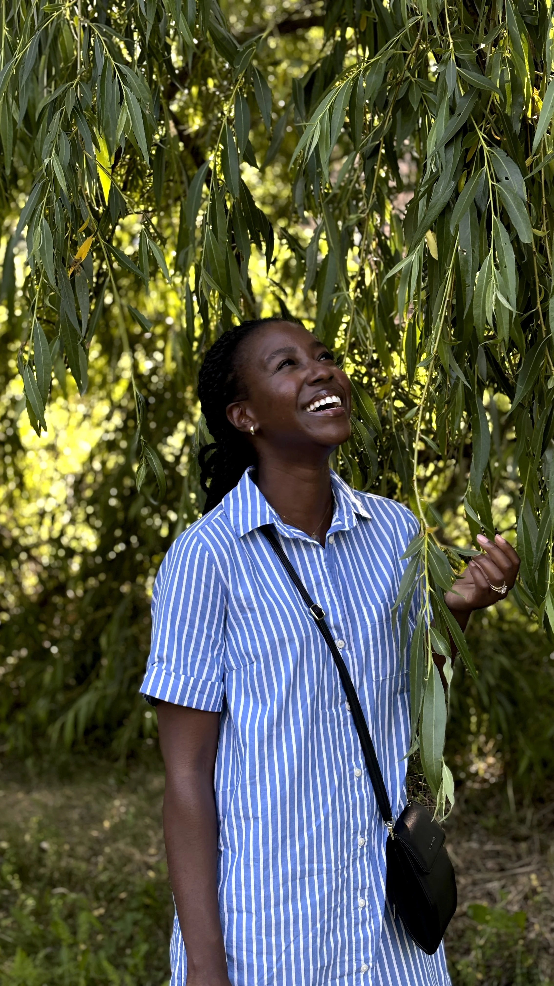 A woman in a blue and white striped shirt smiling and looking upward while standing under a tree with green leaves.