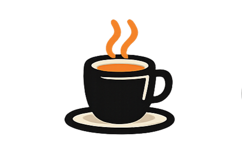 A black coffee cup with steam rising, placed on a matching saucer, on a dark background.