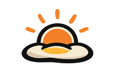 A cartoon illustration of a sunny side up fried egg with orange yolk and white at the bottom, resembling a sunrise.