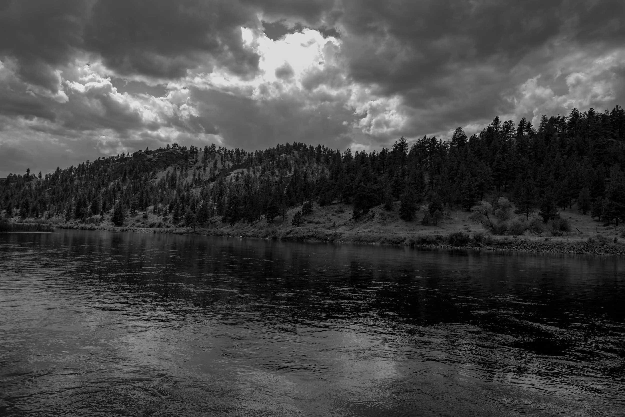 Dark hills and clouds, black and white, Montana