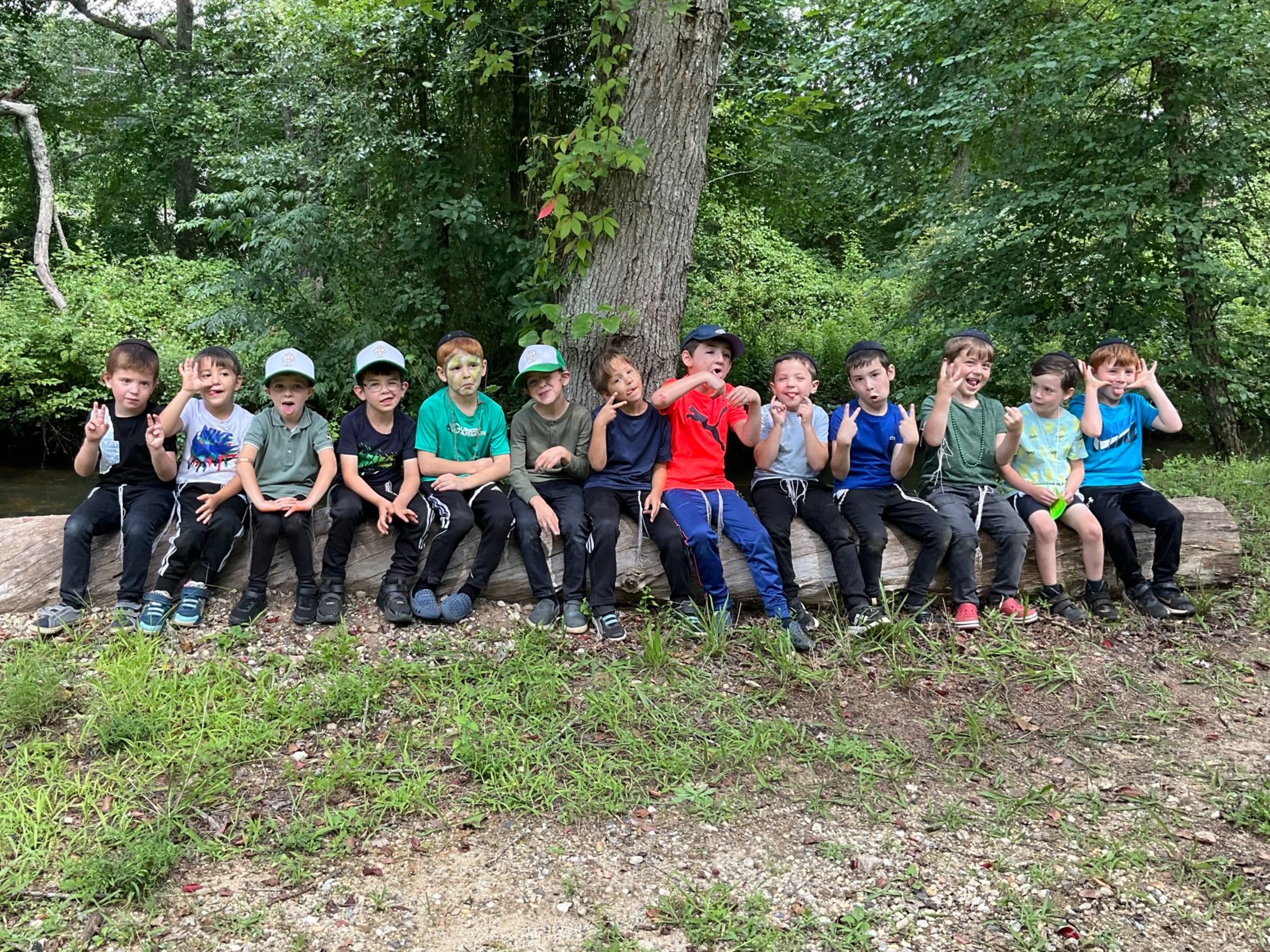 Group of children sitting on a log in a wooded area, wearing casual clothing and making playful gestures.