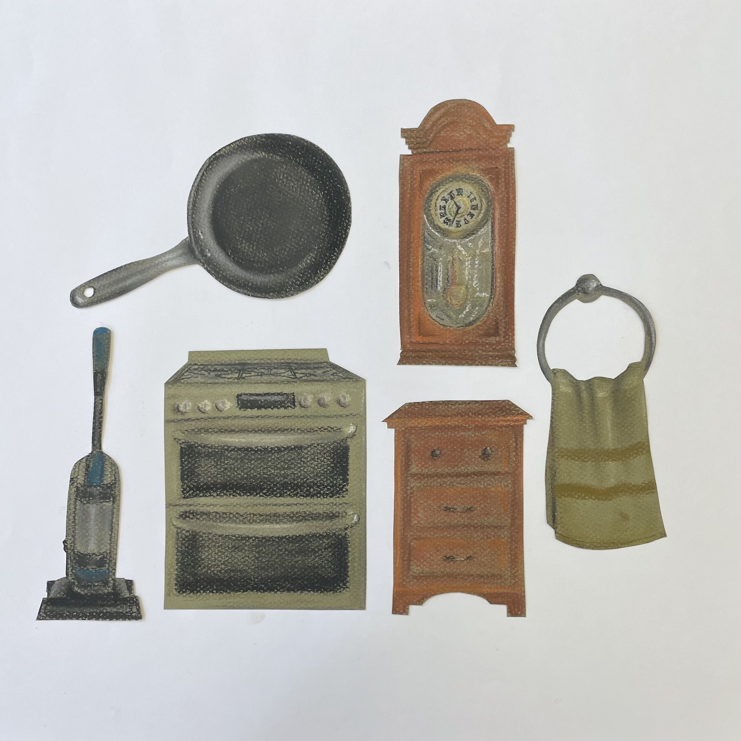 household objects in olive, 2024 | 
pastel on paper | 
assorted dimensions