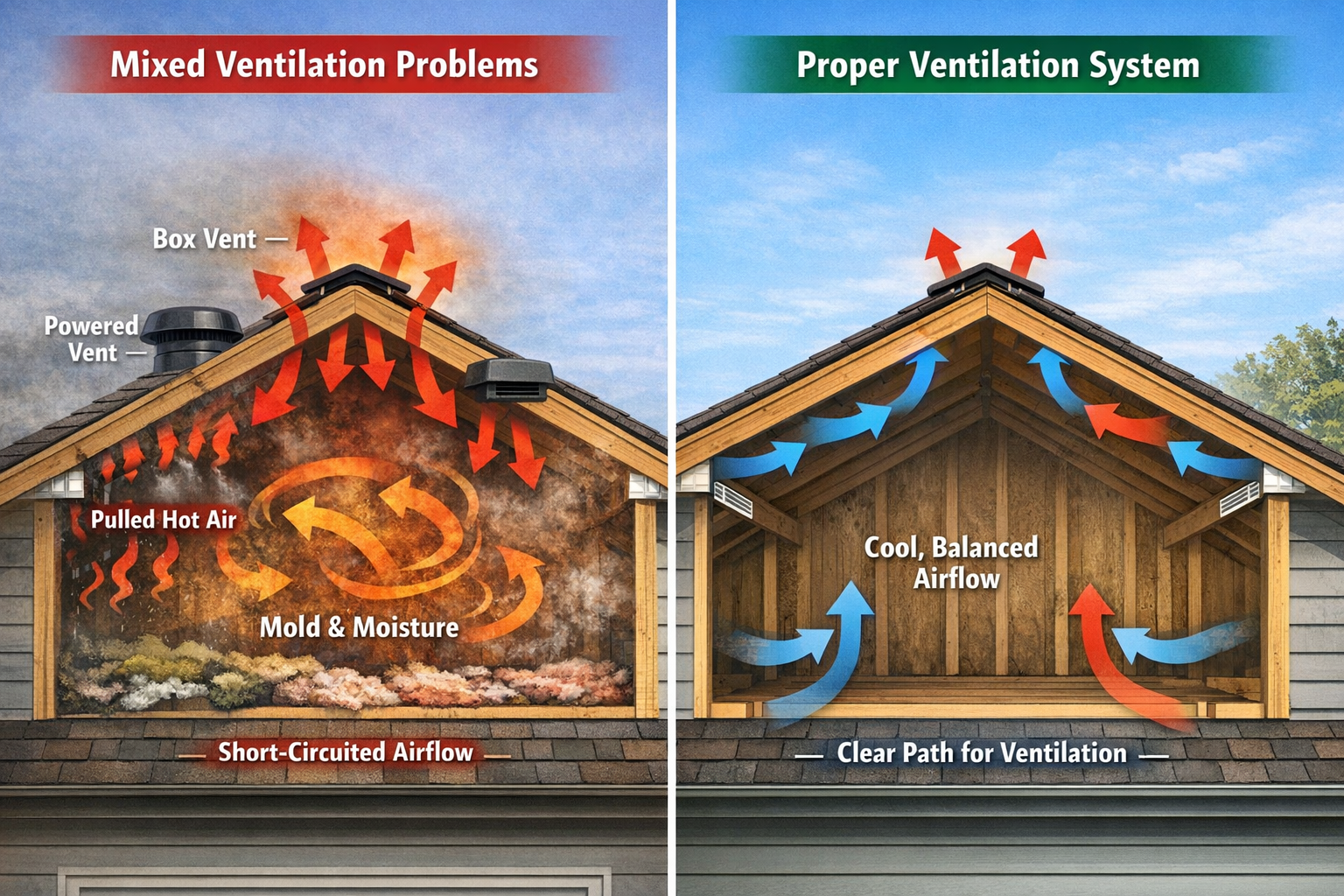 Mixed Roof Ventilation: How It Causes Heat, Moisture, and Shingle Damage
