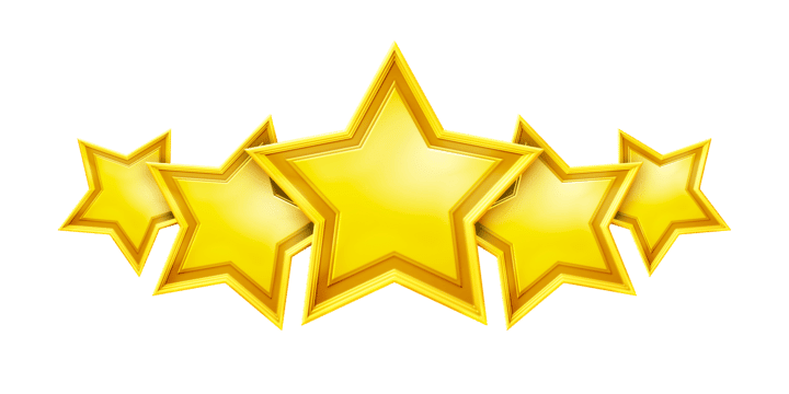 Five gold stars with a 3D effect arranged in a row on a black background.