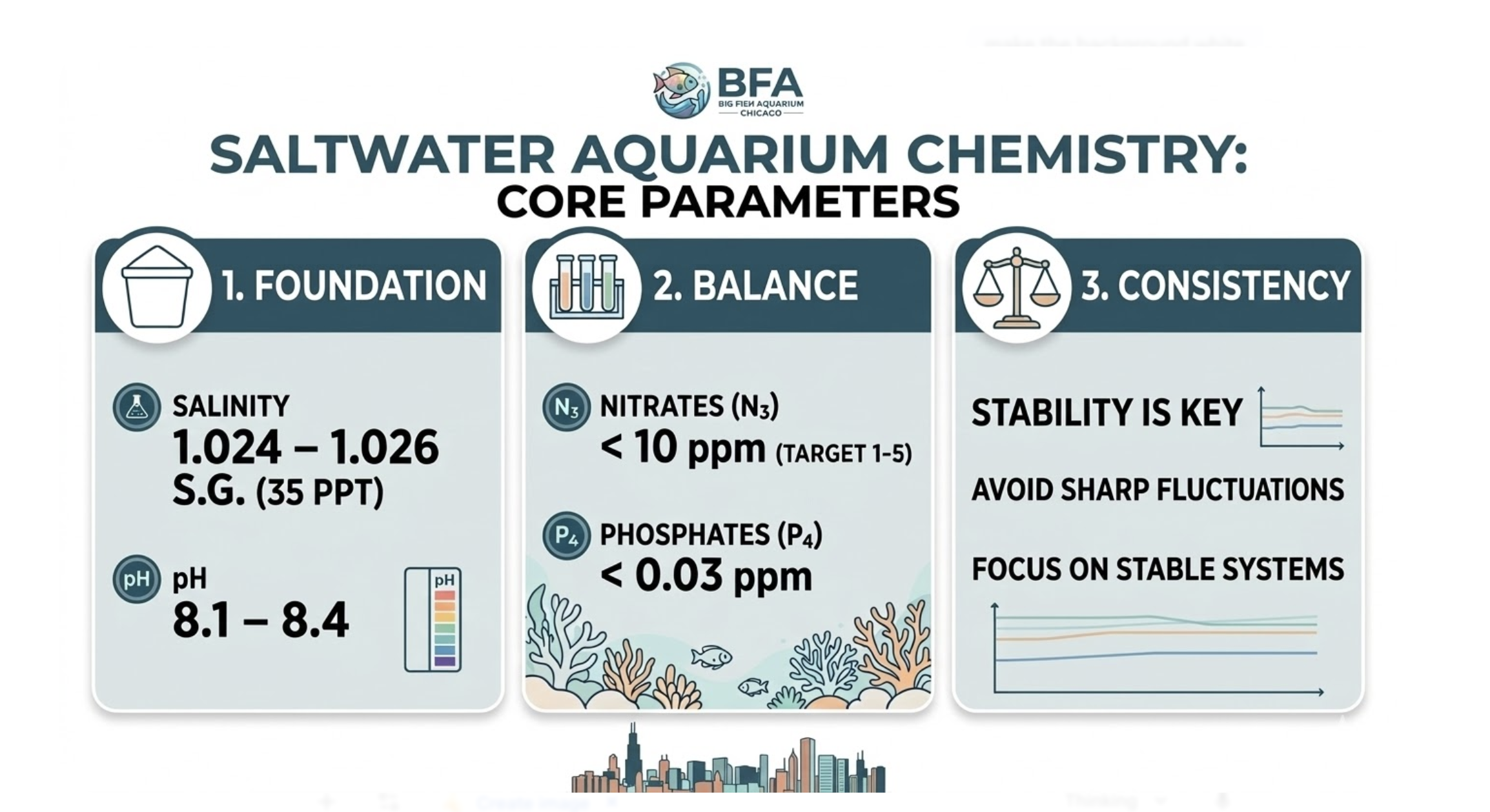 Professional saltwater aquarium water chemistry guide showing ideal ranges for salinity, pH, nitrates, and phosphates for Chicago reef hobbyists.
