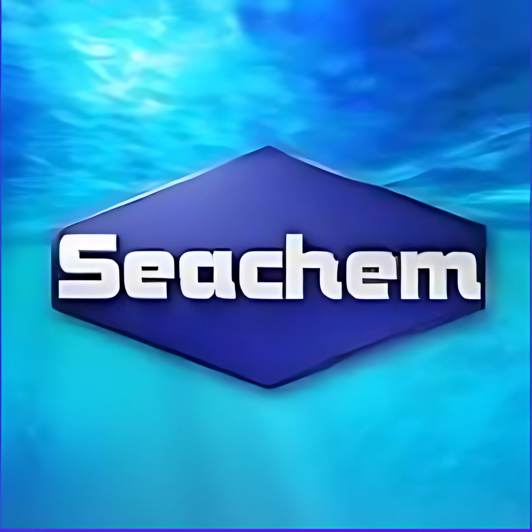 Logo with the word 'Seachem' inside a blue hexagon shape, set against a water-themed background.