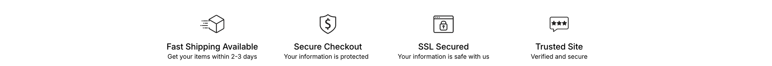 Icons and text highlighting features of an online shopping site: fast shipping, secure checkout, SSL secured, trusted site.