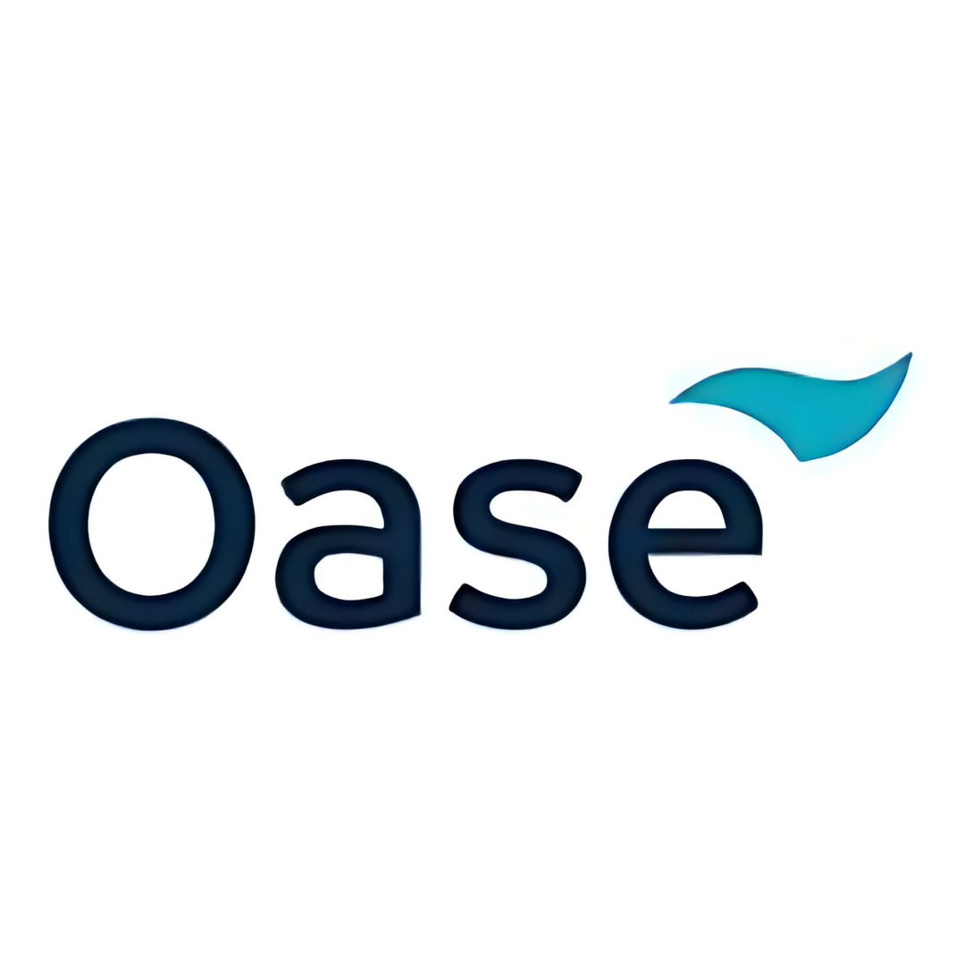 Logo with the word 'Oase' and a stylized blue leaf or water splash above the letter 'e'.