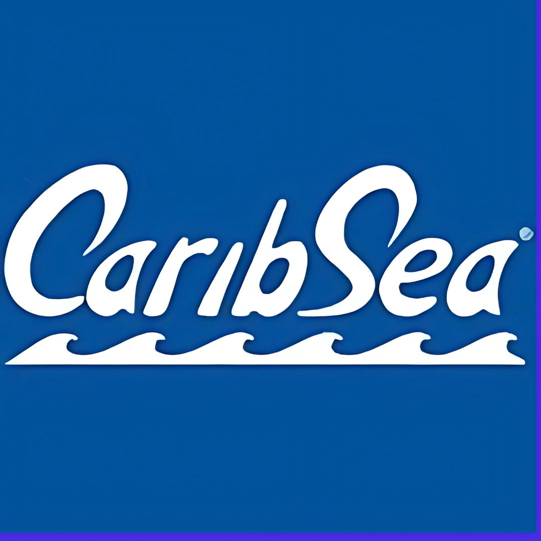 Caribbean Sea logo in white with a stylized wave design on a blue background.