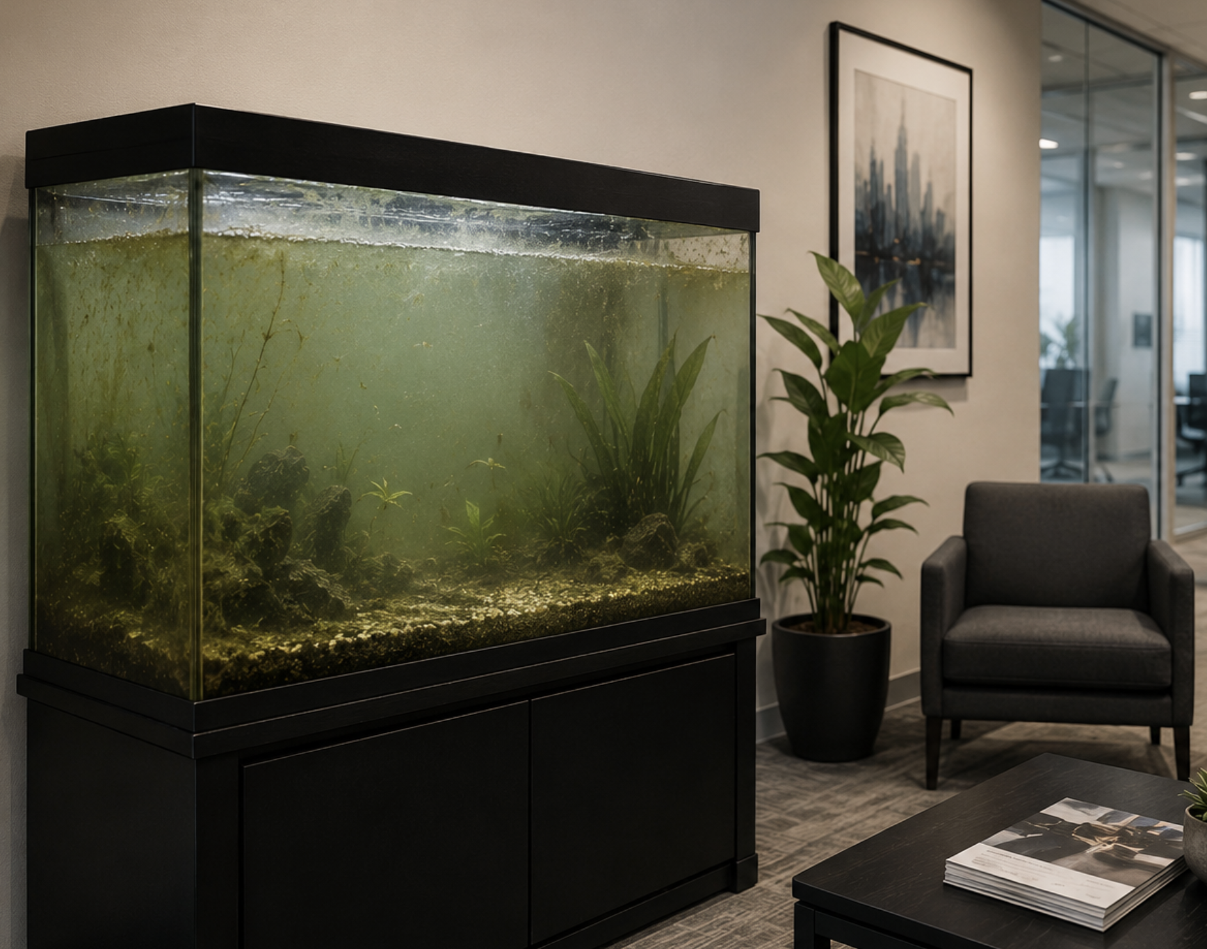 Modern commercial office waiting room with a neglected aquarium showing cloudy water and algae buildup, highlighting the importance of routine professional aquarium maintenance for business environments.