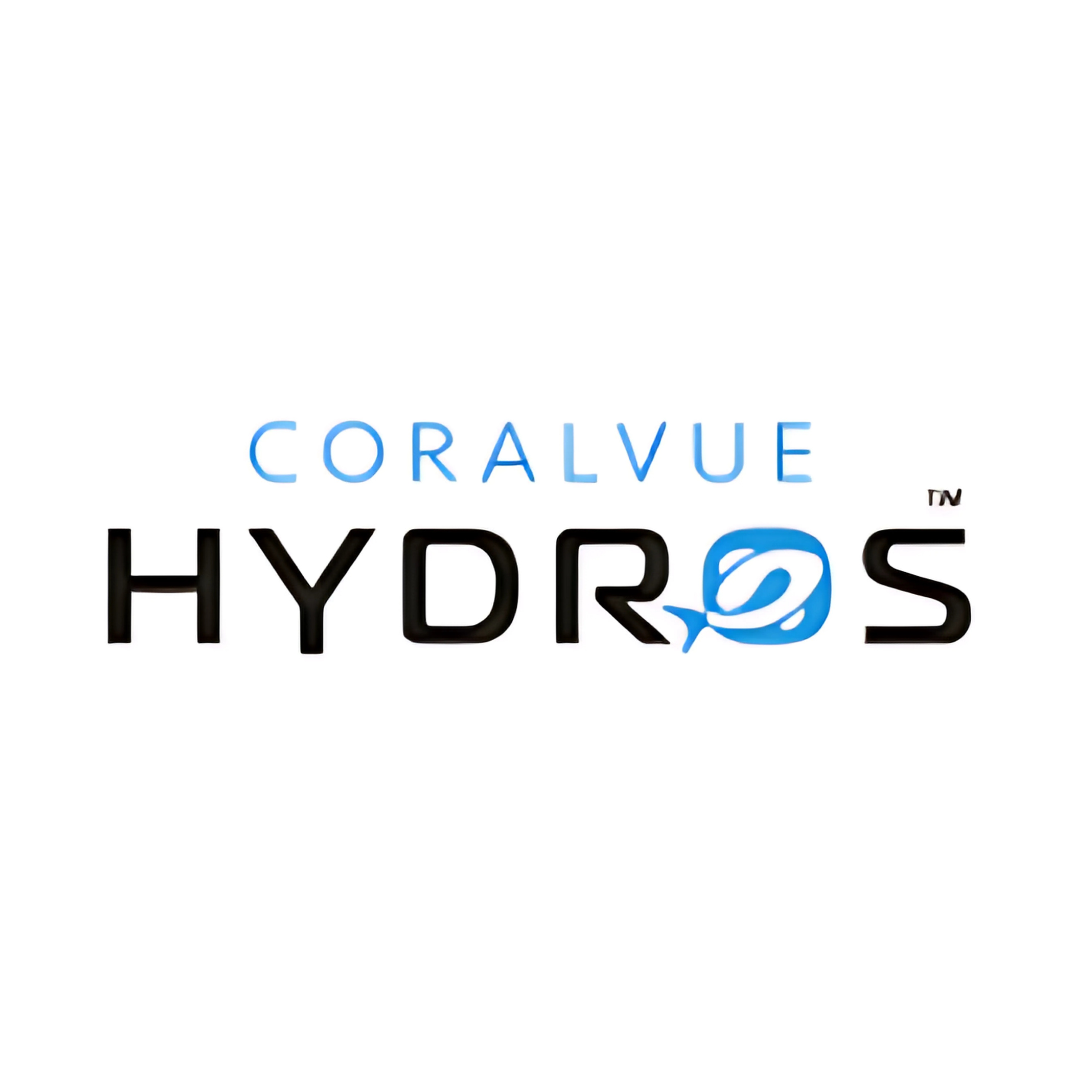 Logo for Coralvue Hydros featuring the text 'CORALVUE' in blue, 'HYDROS' in black, with a stylized blue water droplet and a small 'TM' symbol.