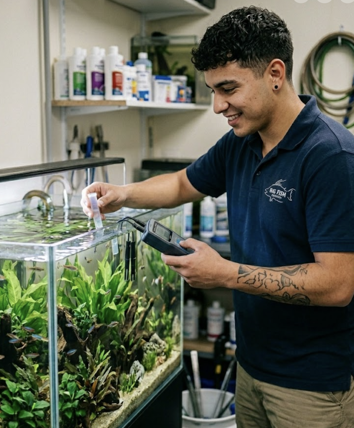 Big Fish Aquarium technician conducting a professional aquarium water safety and chemistry test for a local client in Oak Park.