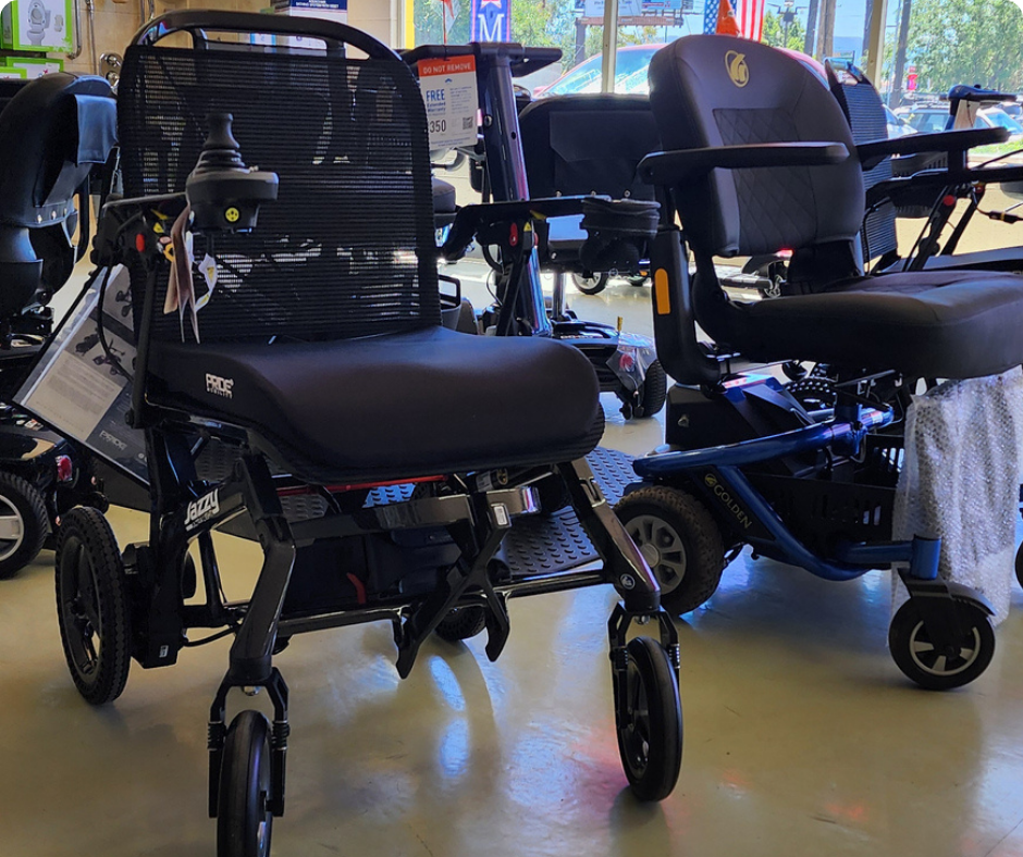 Wheelchairs on display inside a store.
