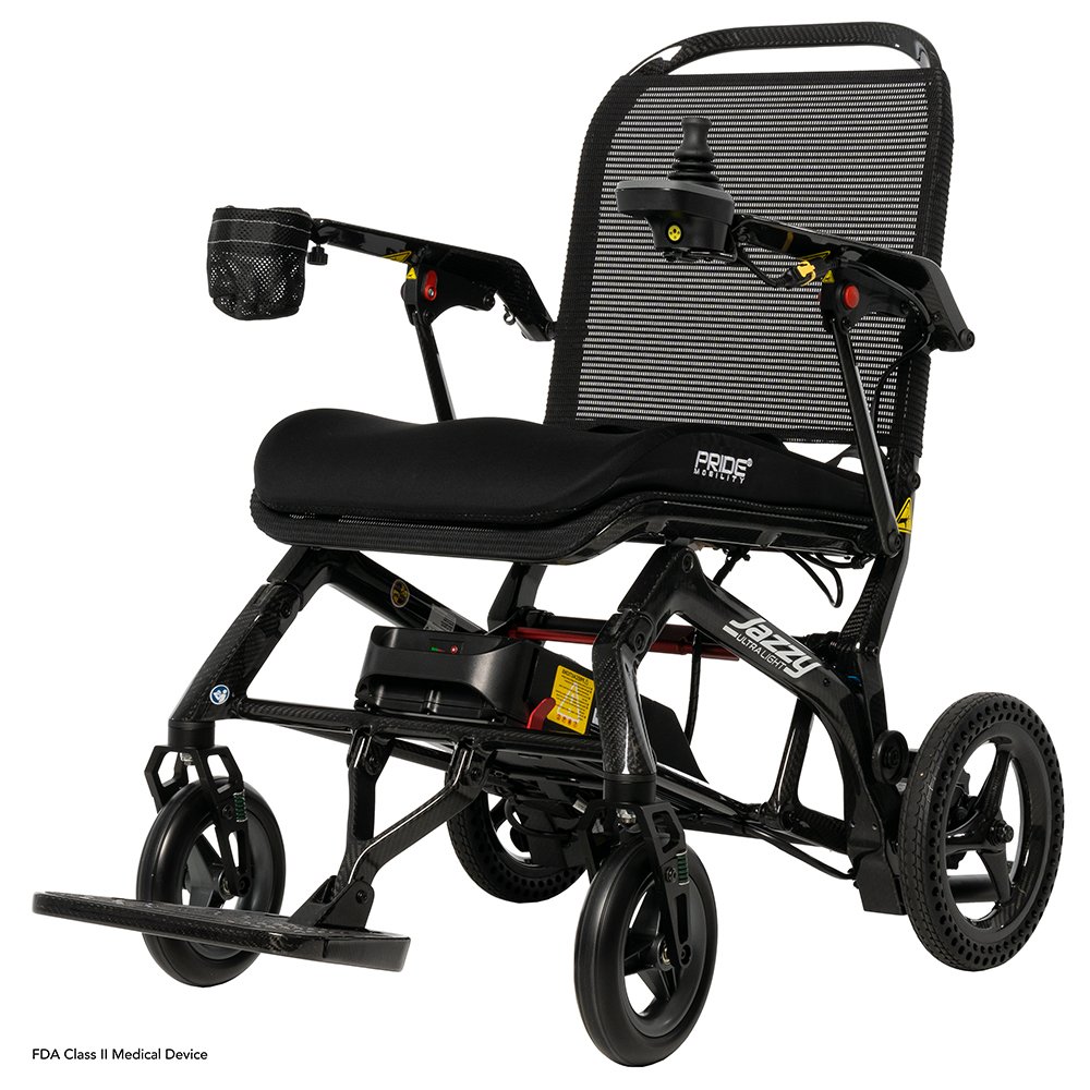 Electric wheelchair with a black frame, adjustable seat and backrest, and small front wheels.