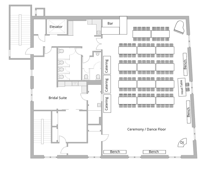 Floor plan of a wedding venue showing a bridal suite, a ceremony and dance floor, rows of chairs for seating, several benches, a bar, catering areas, restrooms, and an elevator.