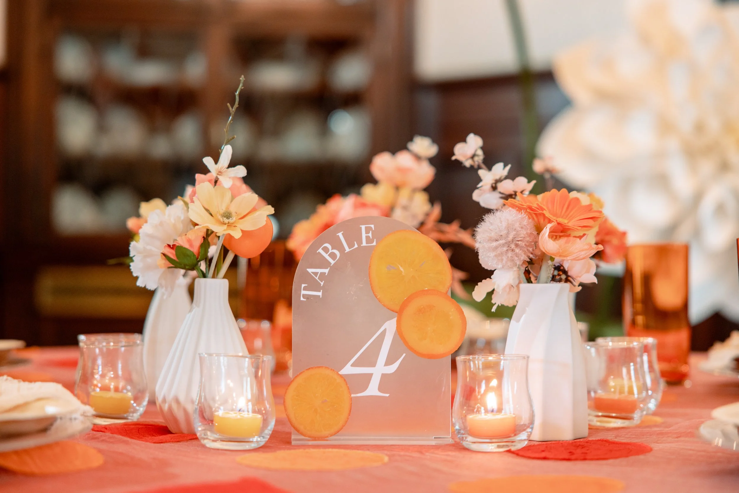 An example of a table centerpiece created using decor items available for rent from JayBird Weddings and Events.