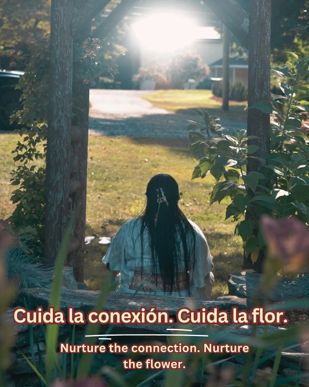 women long hair sun light leaves house flower