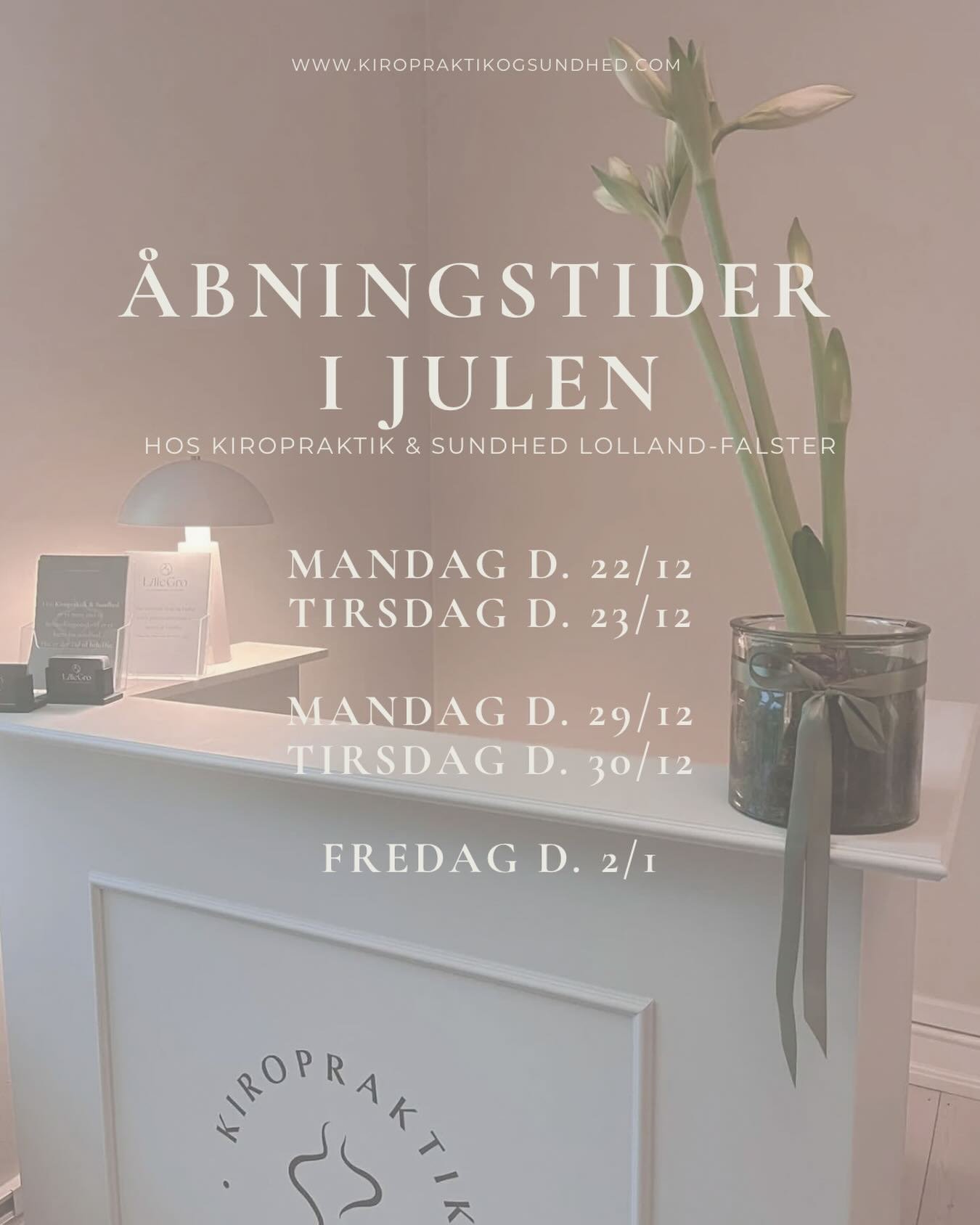 &hearts;️ JULEN 2025 &hearts;️

Vi holder &aring;bent i det lille lyser&oslash;de hus i juledagene.

Du kan selv booke tid online eller ringe p&aring; vores telefonen 70 60 30 58.

F&aring;r du akutte smerter i l&oslash;bet af juledagene, er du velko