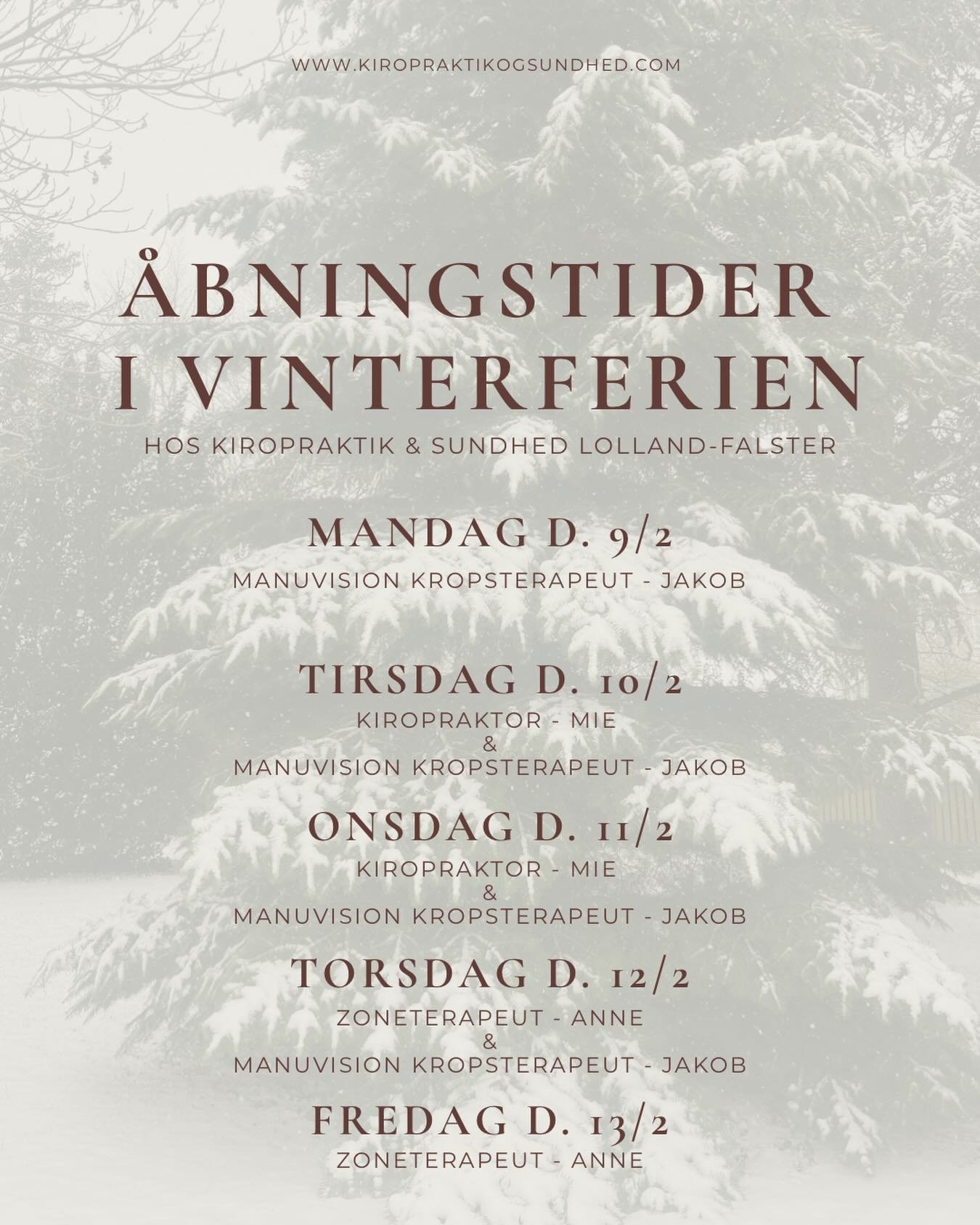 ❄️ VINTERFERIEN ❄️

Vi holder &aring;bent i det lille lyser&oslash;de hus alle dage i vinterferien &ndash; ogs&aring; selvom vores behandlere skiftes til at holde lidt ferie.

Du kan nemt booke din tid online eller ringe til os p&aring; 70 60 30 58.
