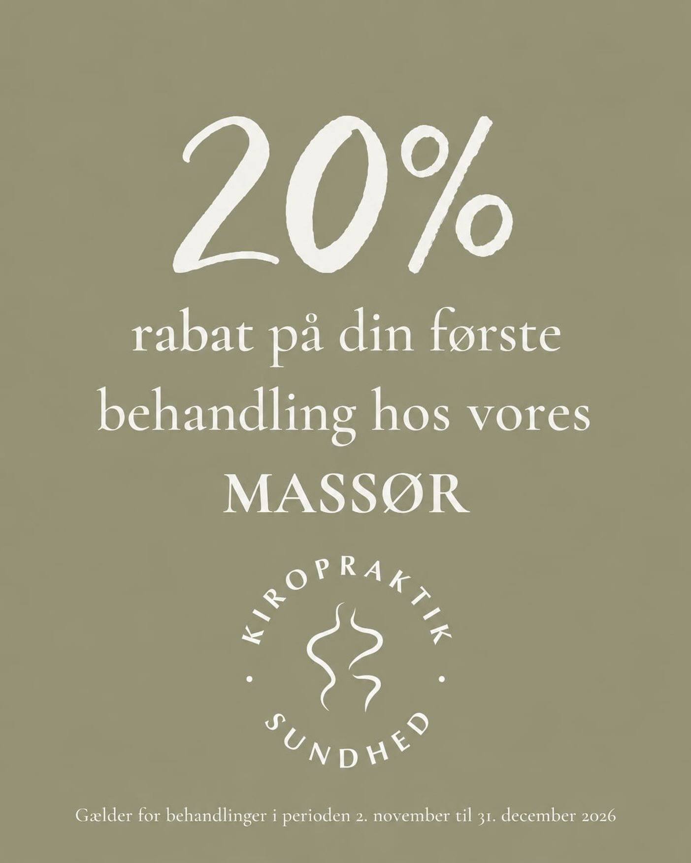 VELKOMSTTILBUD &ndash; SPAR 20% P&Aring; DIN F&Oslash;RSTE MASSAGE

Vi gl&aelig;der os til at byde vores nye mass&oslash;r, Trine, velkommen i klinikken &ndash; og det vil vi selvf&oslash;lgelig gerne fejre sammen med jer.

Derfor tilbyder vi 20% rab