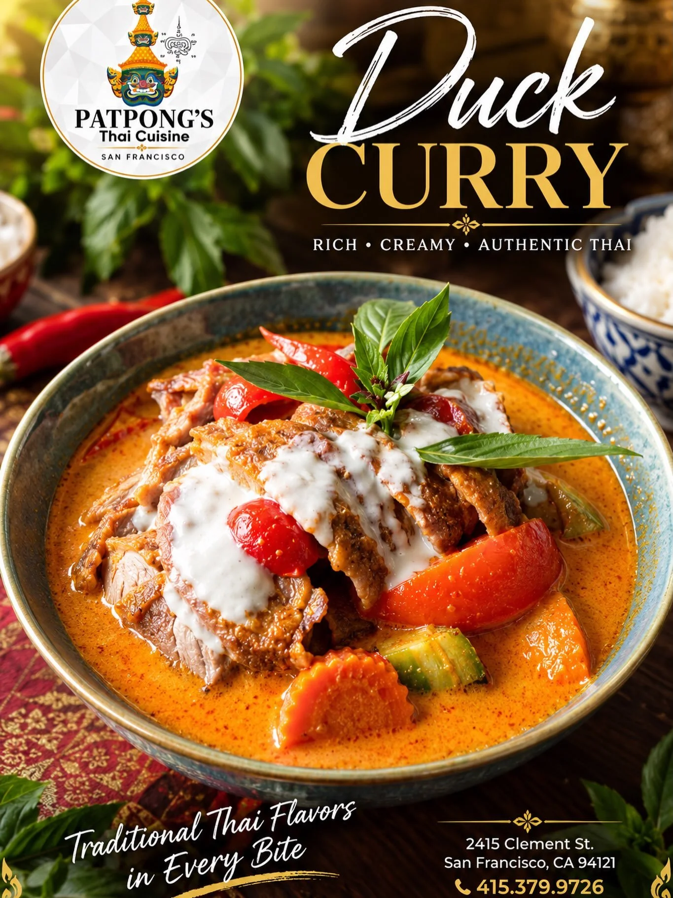 ✨ DUCK CURRY &mdash; A Taste of Thailand in San Francisco! 🇹🇭

Rich, creamy, and packed with authentic Thai flavor ❤️
Tender duck simmered in our aromatic coconut curry, served hot and full of delicious Thai spices.

🔥 Come enjoy it fresh at the r