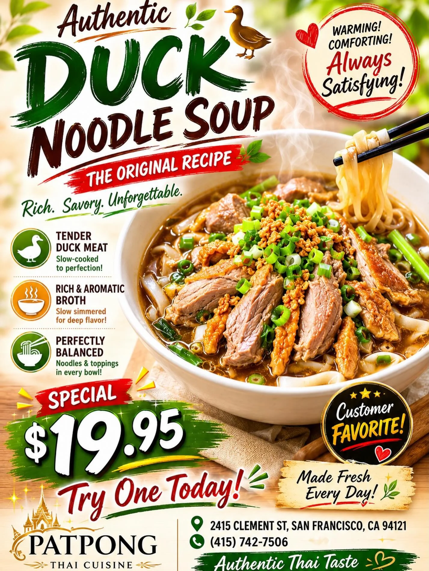 Looking for something warm, comforting, and packed with flavor?

Our Traditional Thai Duck Noodle Soup features:
✅ Slow-cooked tender duck meat
✅ Rich, aromatic broth simmered for hours
✅ Fresh rice noodles &amp; authentic Thai herbs
✅ Made fresh dai