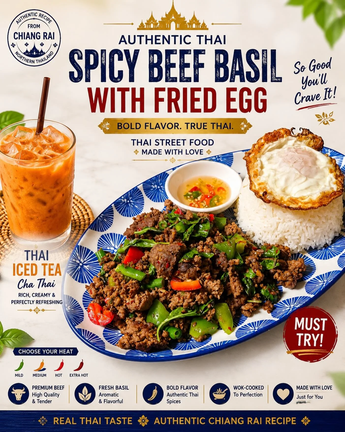 Craving something bold, spicy, and truly Thai?

Our Spicy Beef Basil with Fried Egg is packed with premium beef, fresh Thai basil, authentic spices, and served with a crispy fried egg over jasmine rice. 🍳🌶️🍚

Pair it with our refreshing Thai Iced 